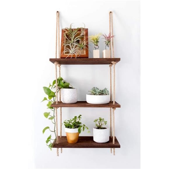 Hanging Shelves 3 Tier Rustic Wood Floating Wall Shelves Photo Plant Display - Picture 5 of 7